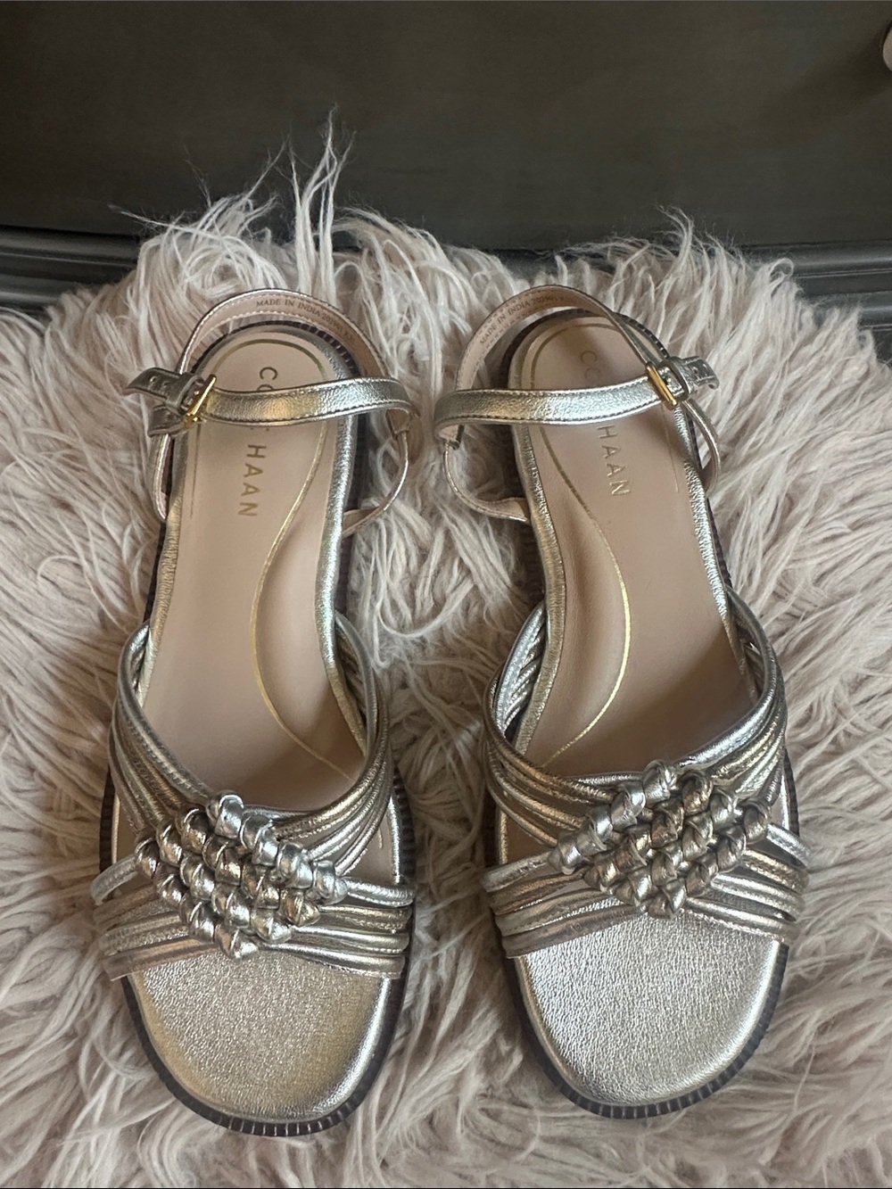 Cole Haan Metallic Silver Braided Strap Sandals - Women's
